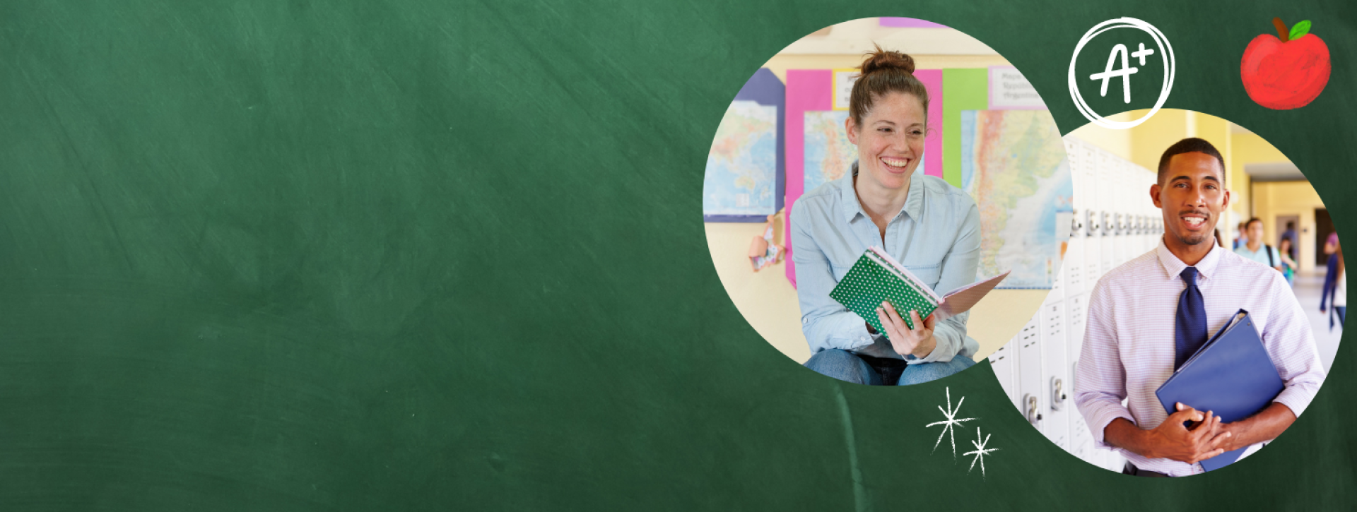Green chalkboard with two pictures of teachers and chalkboard illustrations